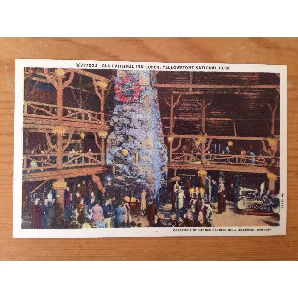 Vtg Linen Old Faithful Inn Lobby Yellowstone Color Postcard Unposted Curteich